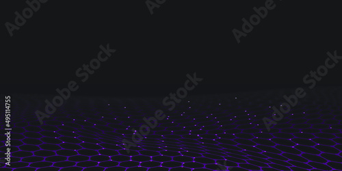 Futuristic vector hexagon wave. Dark cyberspace. Abstract wave with dots and line