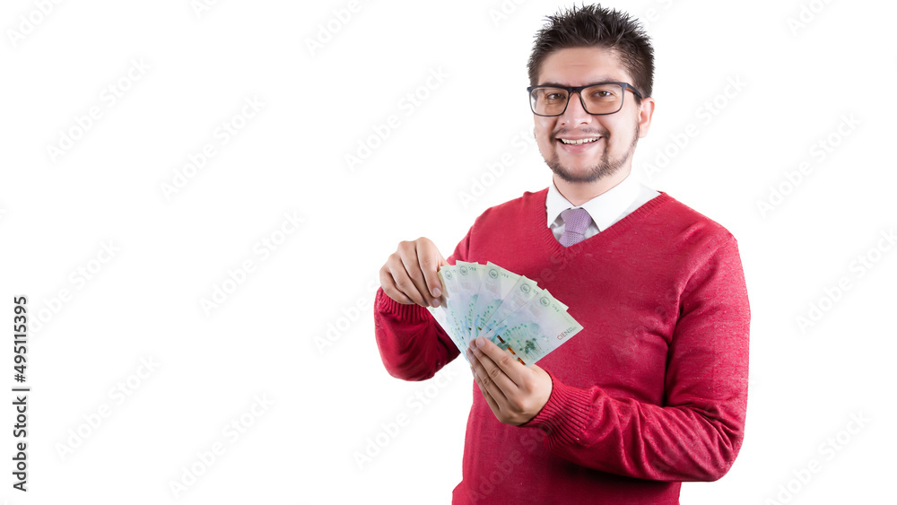 latin man with colombian money, red sack, businessman or entrepreneur on white background latin man with colombian money, red sack, businessman or entrepreneur on white background