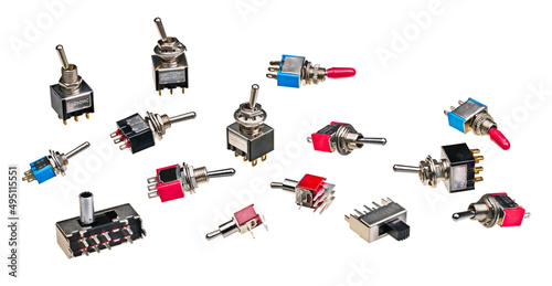Canvas Print Different types of electrical toggle switches isolated on a white background