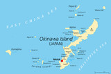 Okinawa Islands, political map. Island group in the Okinawa Prefecture of Japan, in the East China Sea, with the capital Naha. Part of the larger Ryukyu Islands. English labeling. Illustration. Vector