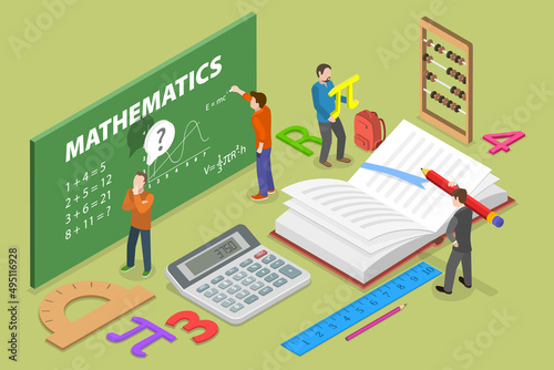 3D Isometric Flat Vector Conceptual Illustration of Mathematics, Math Learning and Knowledge Gaining