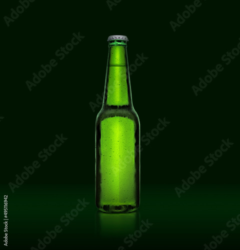 3D render. Single green beer bottle without brand designation. Full glass bottle covered with water drops against green illuminated background. Alcoholic drinks and refreshment concept