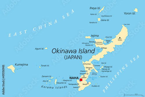 Okinawa Islands, political map. Island group in the Okinawa Prefecture of Japan, in the East China Sea, with the capital Naha. Part of the larger Ryukyu Islands. English labeling. Illustration. Vector
