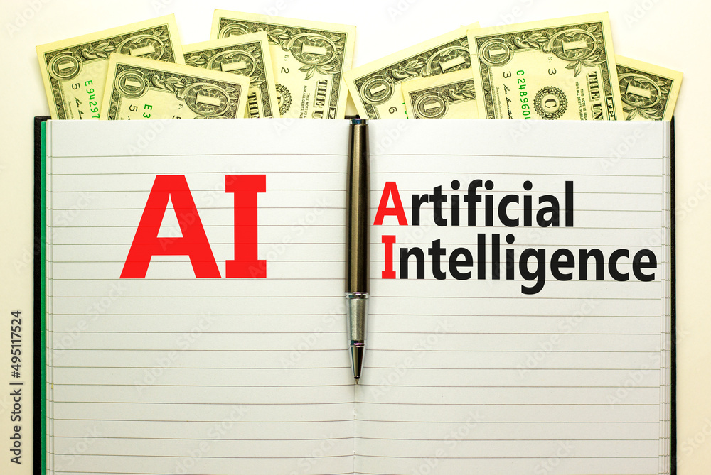 AI artificial intelligence symbol. Words AI artificial intelligence on white note. Metallic pen. Dollar bills. Beautiful white background. Business AI artificial intelligence concept. Copy space. AI artificial intelligence symbol. Words AI artificial intelligence on white note. Metallic pen. Dollar bills. Beautiful white background. Business AI artificial intelligence concept. Copy space.