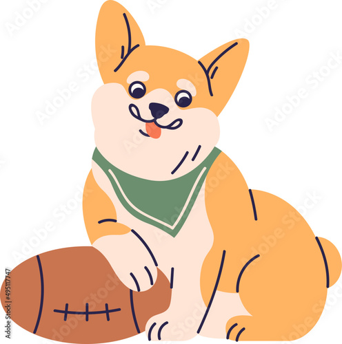 Cute Funny Corgi with Rugby Ball Cartoon Illustration