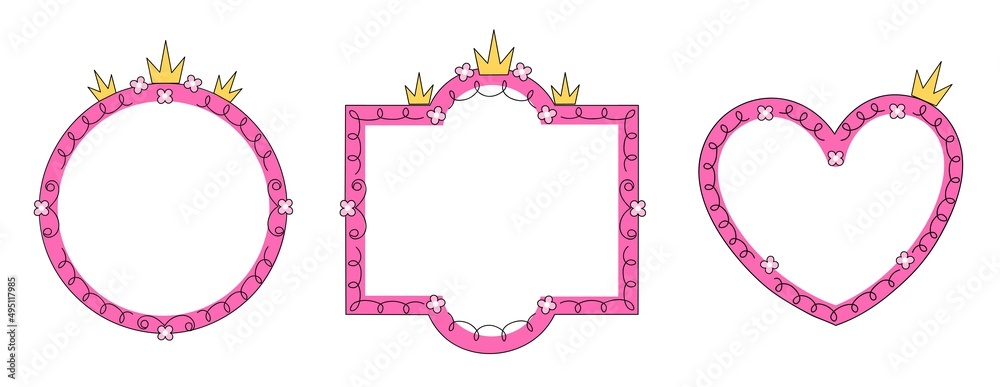 Set of princess mirror with crown and flowers in different shapes
