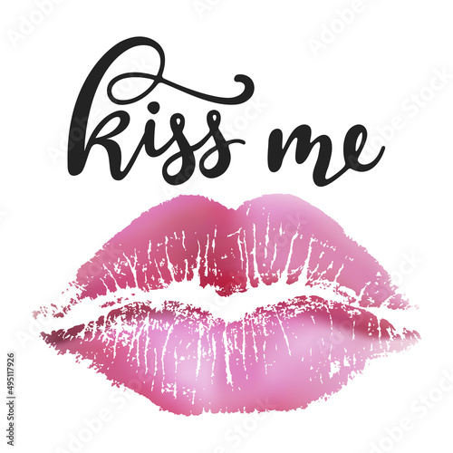 Kiss me - black hand written lettering with pink lip imprint  isolated on white background. Good for posters, greeting cards, t-shirt and mug design.