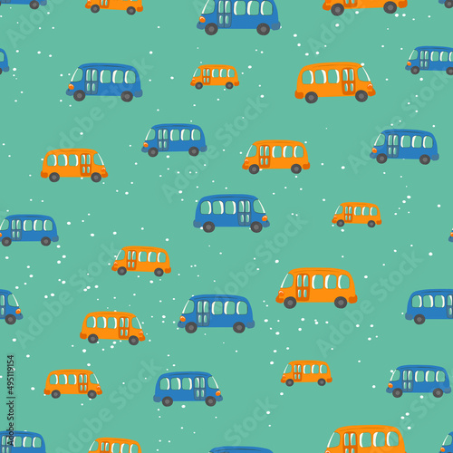 Seamless pattern with cute bus, car on color background. Cartoot transport. Vector illustration. Doodle style. Design for baby print, invitation, poster, card, fabric, textile