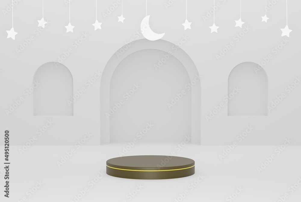 3d podium in white islamic background with stars and crescent white color 3d illustration rendering for flyer design, banner, poster and etc 3d podium in white islamic background with stars and crescent white color 3d illustration rendering for flyer design, banner, poster and etc