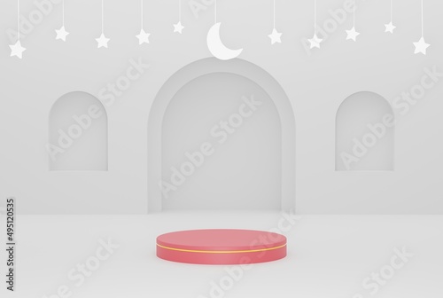 3d podium in ramadan white ornament islamic background with stars and crescent white color 3d illustration rendering for flyer design  banner  poster and etc