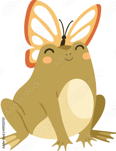 Cute Frog with Butterfly Childish Cartoon Illustration