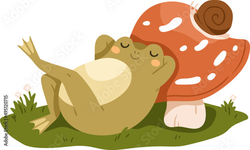 Cute Frog Relaxing Childish Cartoon Illustration