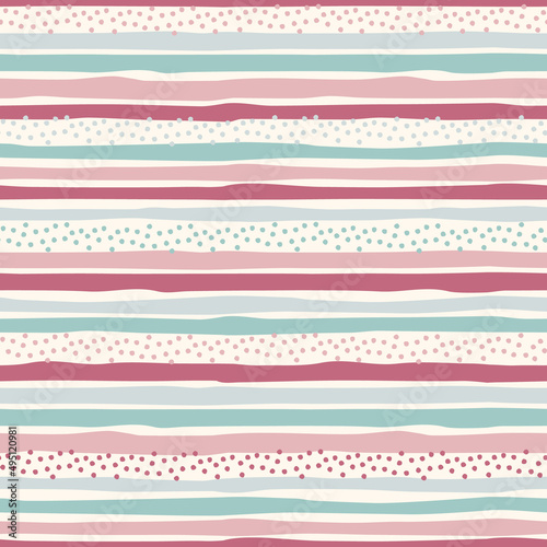 Seamless feminine pattern with hand drawn multicolored wavy stripes with ragged edges and tiny spots for surface design and other design projects