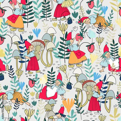 Seamless pattern with funny female gnome gathering berries, mushrooms, flowers. Fairy tale elf girls in red hats and wooden shoes in the forest. Vector illustration for children