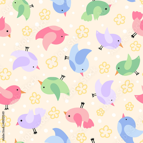 Cute bird seamless repeat pattern. Random placed, vector animal with dots and flowers all over surface print.