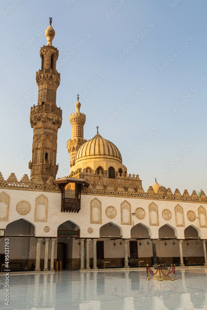 Minarets, dome and arches of Al-Azhar University that is the centre of Arabic literature and Islamic learning in the world. It has Al-Azhar mosque in Islamic Cairo. Cairo, Egypt