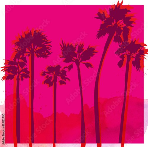 Illustration palm tree travel pink watercolor postcard square silhouette shadow sunset