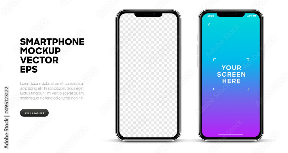 Realistic smart phone mockup silver and black mobile isolated vector eps concept with blank touch screen for UI UX. High detailed 3d vector smartphone in front view ready to show your app design. - obrazy, fototapety, plakaty 