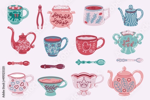 Cup and teapot. Trendy doodle kettle and mugs for coffee and tea with minimalistic abstract textures. Vector set