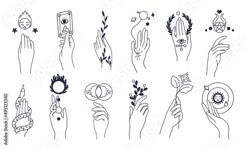 Mystic doodle hand. Magic feminine doodle symbols, abstract line woman hands. Vector set