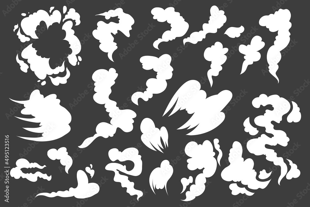 Cartoon smoke. Comic explosion, dust blow, puff and gas motion effect.  Vector white air trail set Stock Vector | Adobe Stock