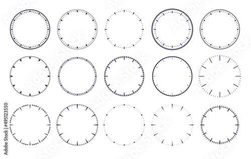 Clock dial . Empty mechanical watch face without arrows and numbers with hour marks. Vector set photo