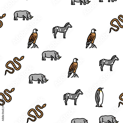 Zoo Animals, Birds And Snakes Vector Seamless Pattern Thin Line Illustration © vectorwin