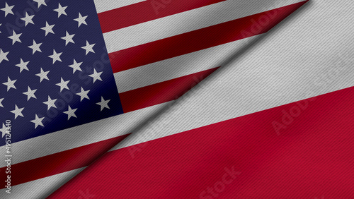 3D Rendering of two flags from United States of America and Republic of Polandtogether with fabric texture, bilateral relations, peace and conflict between countries, great for background