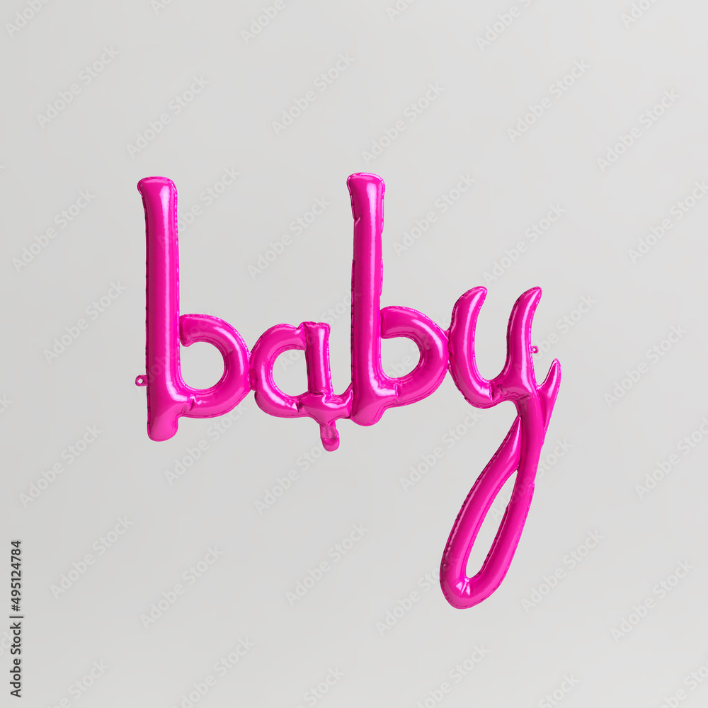 Baby word-shaped 3d illustration of type 2 pink balloons isolated on white background
