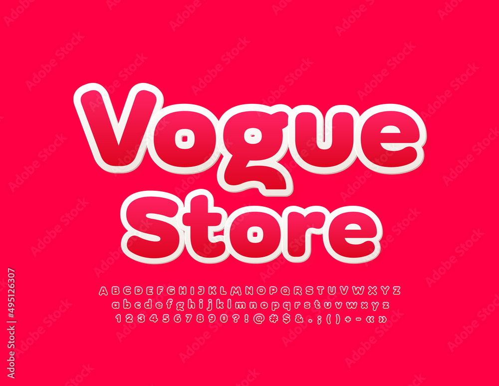 Vector bright Emblem Vogue Store. Creative glossy Font. Modern Alphabet Letters and Numbers set