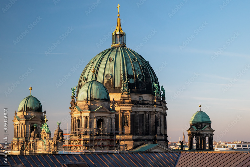 Berlin, Germany: Panorama view on the Cathedral Church (Berliner Dom). Shot taken from the rooftop of The Humboldt Forum.