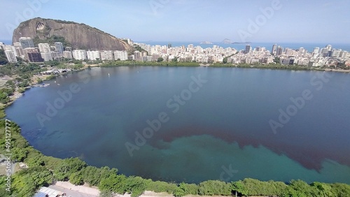 Red algae phytoplankton red tide phenomenon in Lagoa Rodrigo de Freitas, Rio de Janeiro, Brazil photo
