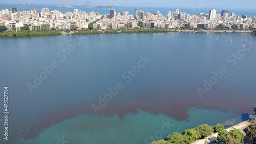 Картината върху платно Red algae phytoplankton red tide phenomenon in Lagoa Rodrigo de Freitas, Rio de