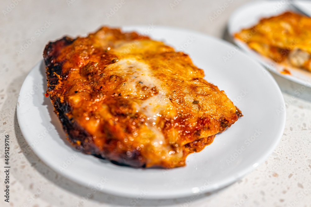 Italian meat lasagna baked in oven with melted cheese and crust on white plate for dinner with texture macro closeup of red marinara sauce Italian meat lasagna baked in oven with melted cheese and crust on white plate for dinner with texture macro closeup of red marinara sauce