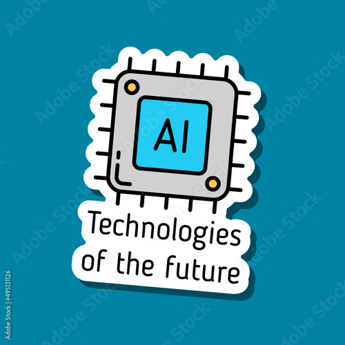 artificial intellegence color vector sticker. technologies of the future sticker with lettering. cpu color filled sticker with shadow on dark blue. ai processor modern technologies
