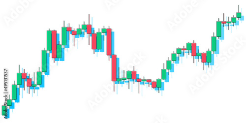 Abstract financial chart with uptrend line graph on blue color background. Business Candle stick graph chart of stock market investment trading. Vector flat style illustration isolated on white.
