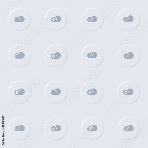 cloud computing gray vector icons on round rubber buttons. cloud computing icon set for web, mobile apps, ui design and promo business polygraphy