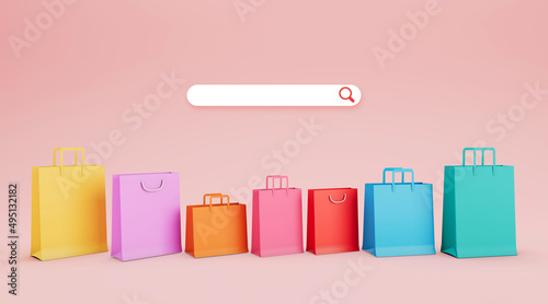 Blank search bar and Paper bags lined up on pink background . Online store on website and mobile application . digital marketing concept. 3d rendering background