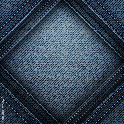 Vector abstract blue denim rhombus frame with stitches
