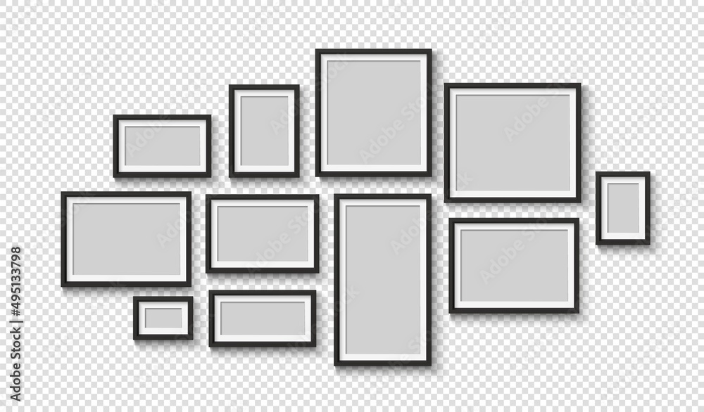 Black blank photo frame set. Vector empty pictures on wall. Square and rectangle art gallery poster Black blank photo frame set. Vector empty pictures on wall. Square and rectangle art gallery poster