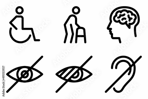 Set of disabled signs. Handicapped man sitting in a wheelchair, person with walker, blind, deaf, mental disease icons. Editable stroke. Vector graphics