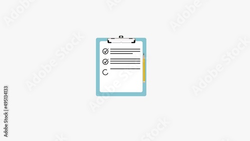 Checklist 4K animation. Clipboard with checkmarks and a pencil. Worklist checkmarks animation on white background. Office task progress report clipboard 2D animation. Checklist on a clipboard. photo