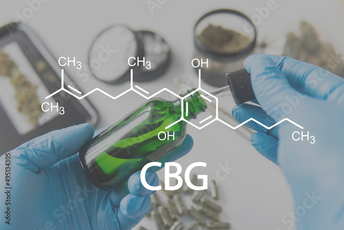 Cannabis plants chemical formula. CBG with cannabigerol molecule. photo