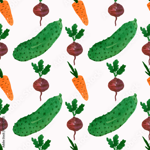 Watercolor seamless pattern of natural healthy vegetables. photo