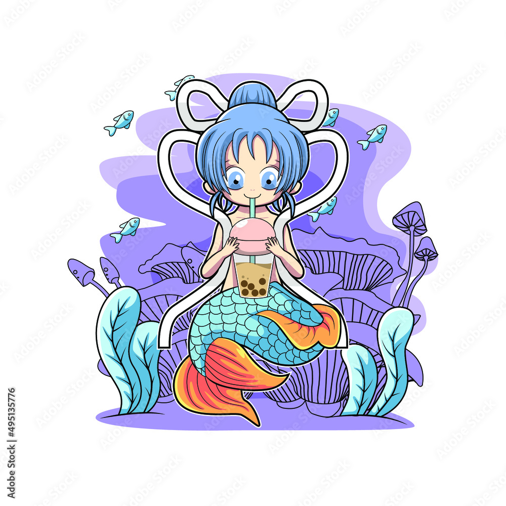 Fototapeta premium mermaid cute drinking boba vector illustration design