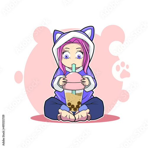 little girl drinking boba vecor illustration cute design