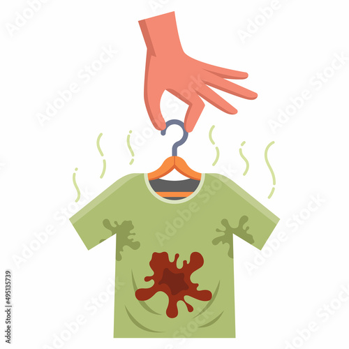 dirty men's t-shirt with food stain. sweat stains on clothes. flat vector illustration.