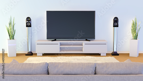 3D Render Living room with big plasma tv