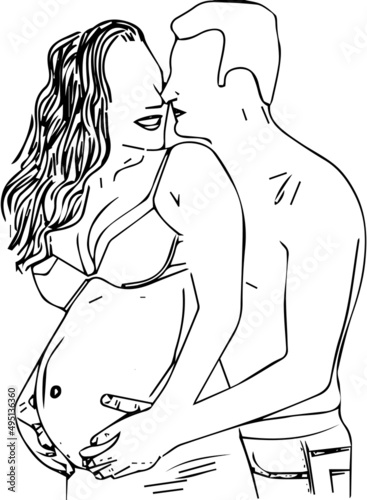 outline sketch drawing vector pregnant woman with her loving husband, line art illustration of pregnent woman photo