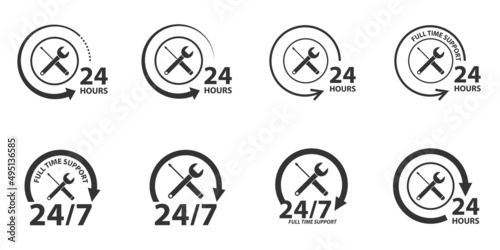 Set of 24/7 Car Service Logo with screwdriver and wrench. Full time support icon. Vector illustration.